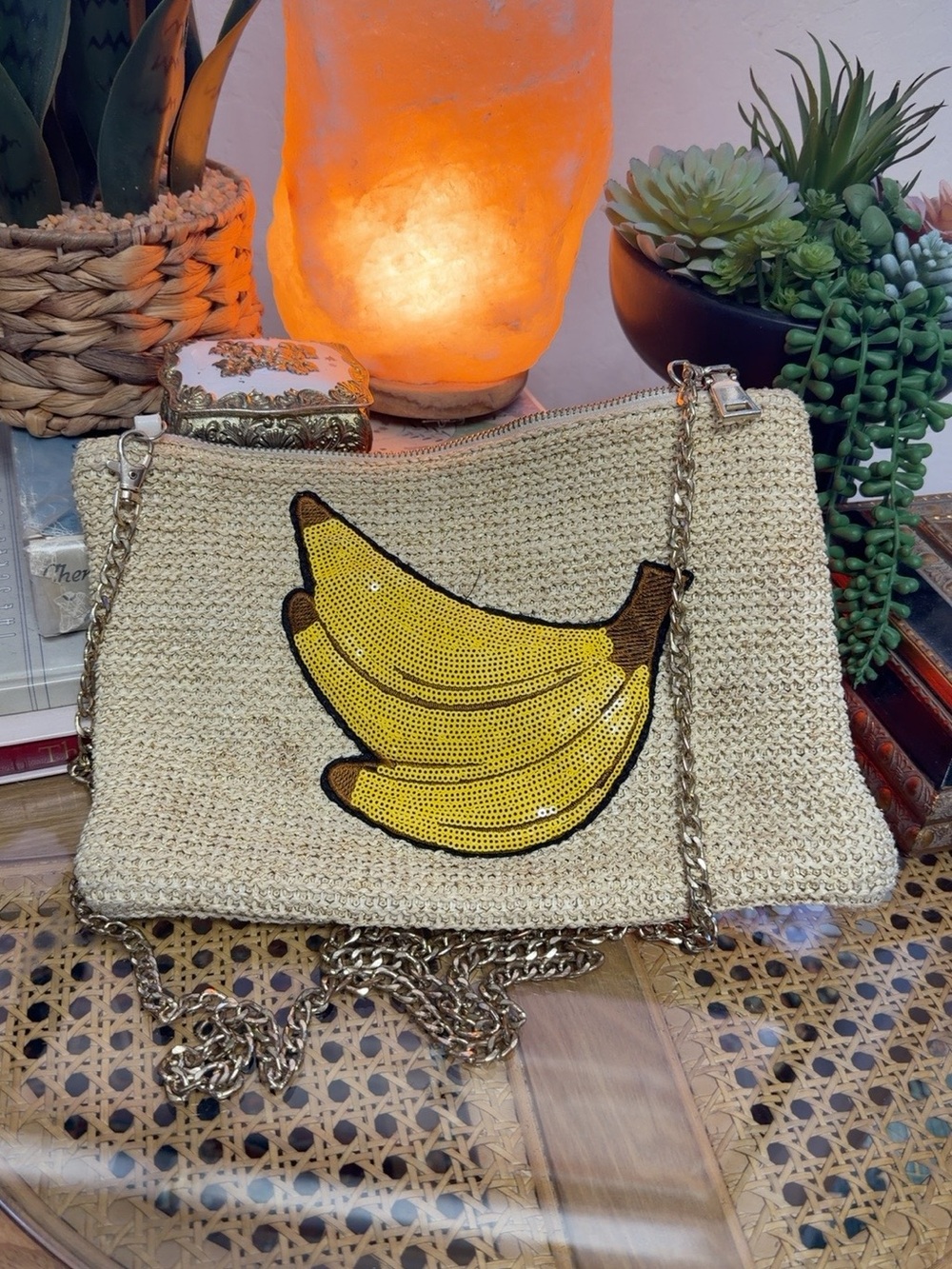 Sequin Banana Woven Clutch Bag Beige Gold Chain Tropical Vacation Purse